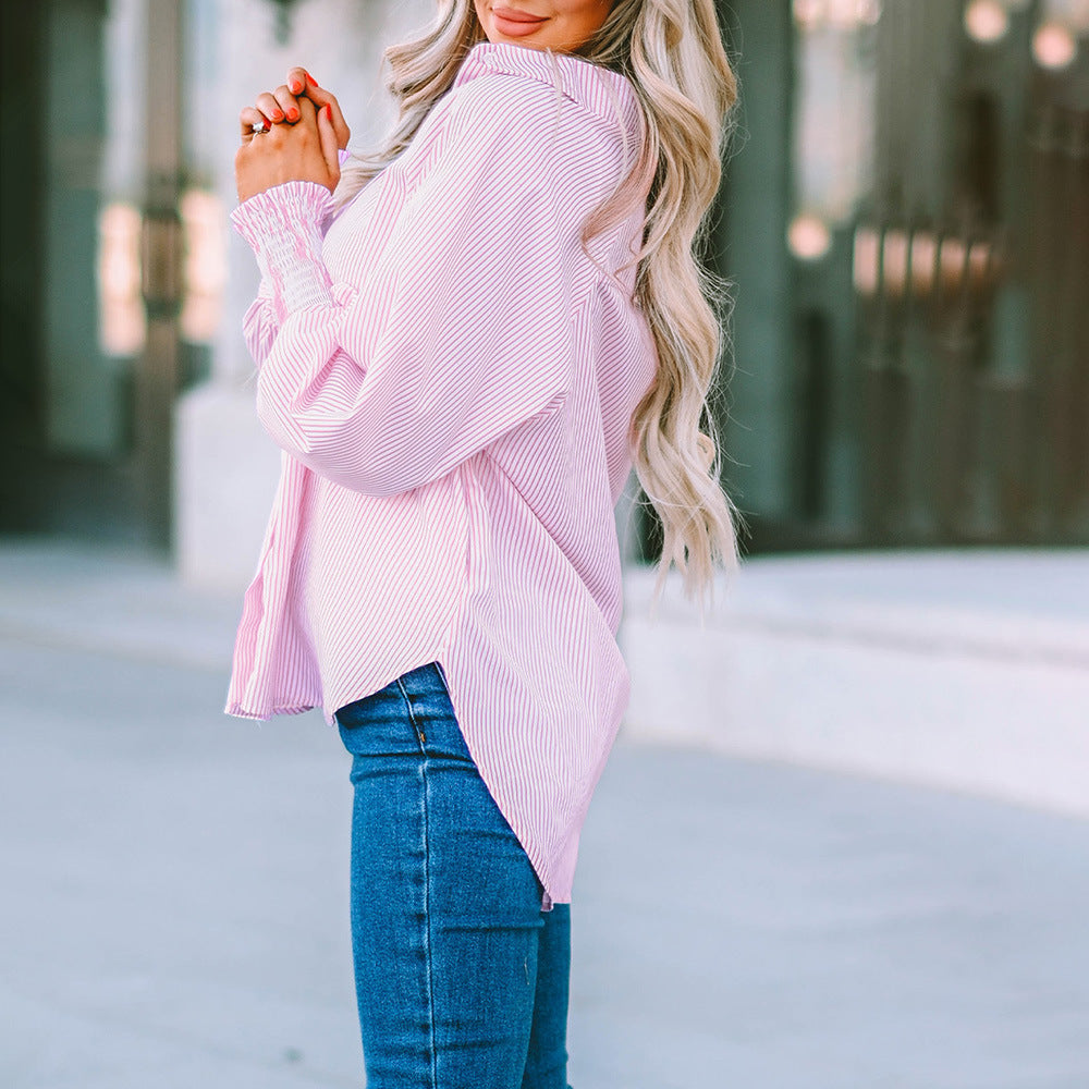 Striped Off Shoulder Long Sleeve Button Down Shirt 6