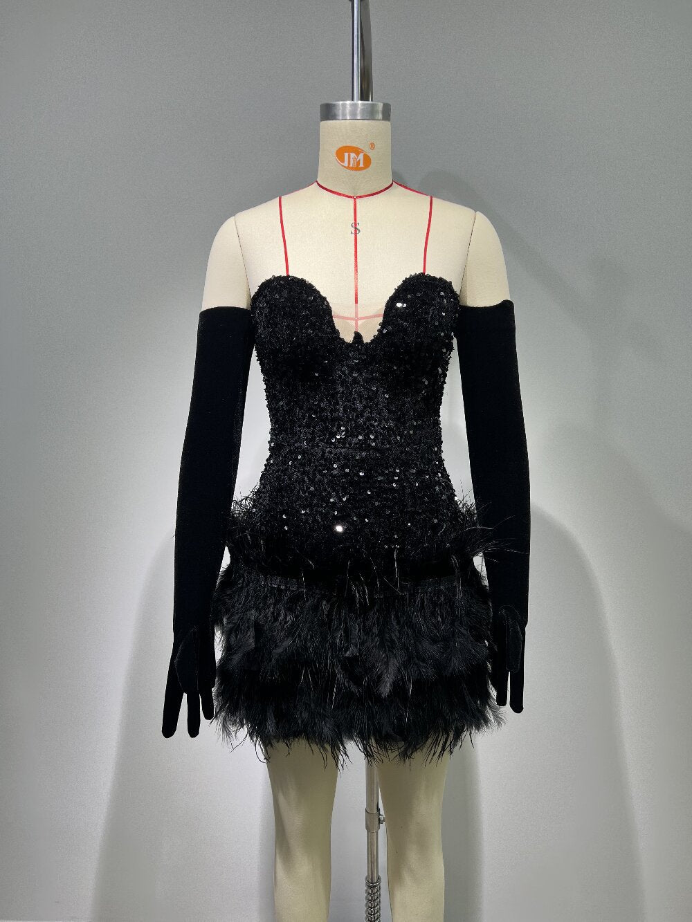 Birthday Party Black Beaded Sequ Feather Strapless Dress - Fashionpara