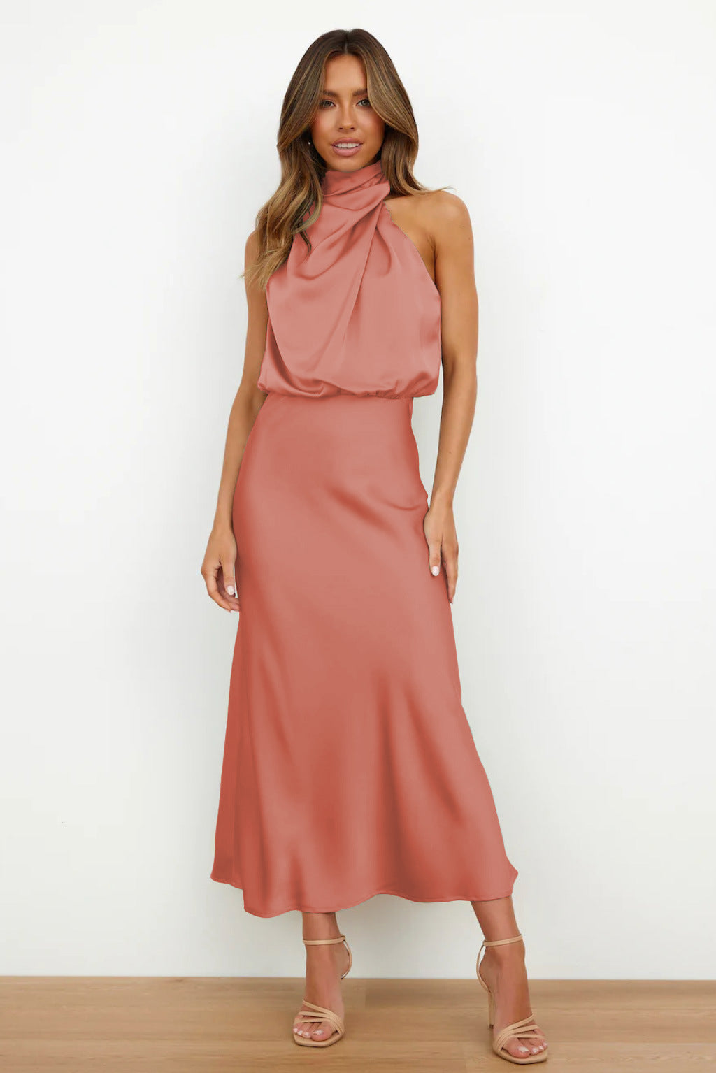 Halter Neck Blouson Bodice Sleeveless Bias Cut Midi Dress - View 9