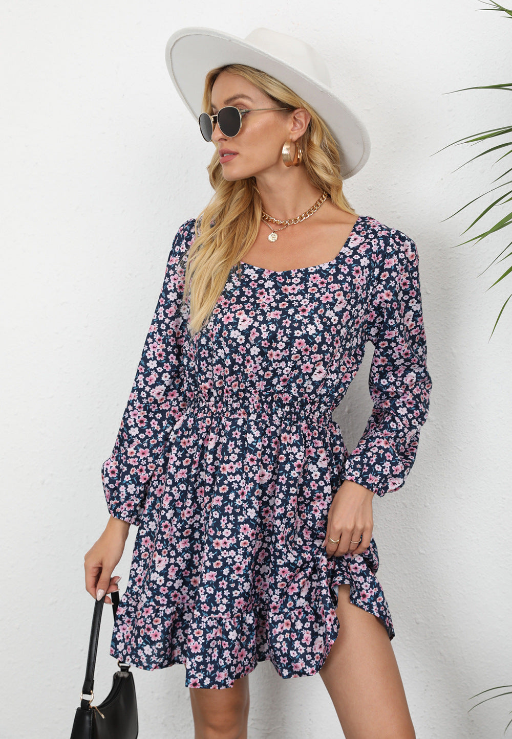Floral Print Square Neck Long Sleeve Smocked Mini Dress