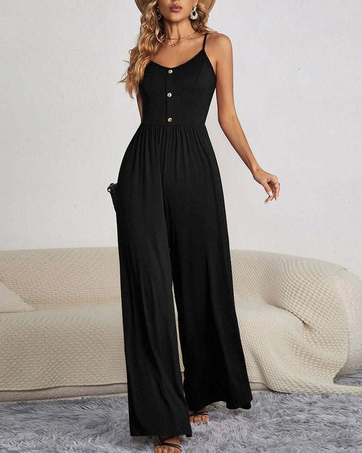 Solid Color Camisole Button-up Top Wide-leg Jumpsuit - Fashionpara