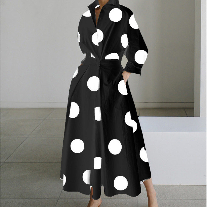 Newspaper Print Collared Long Sleeve Belted Pleated Maxi Shirt Dress 6