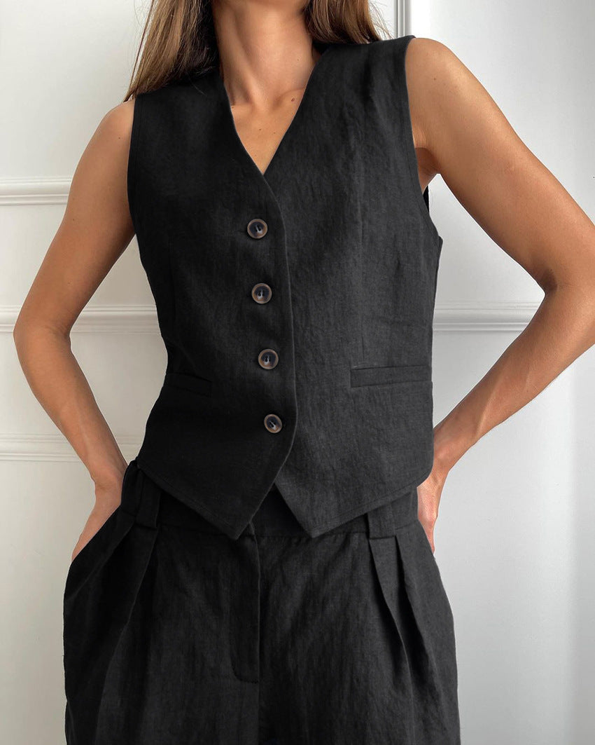 Solid Color V-neck Cotton Linen Vest and Pants Set