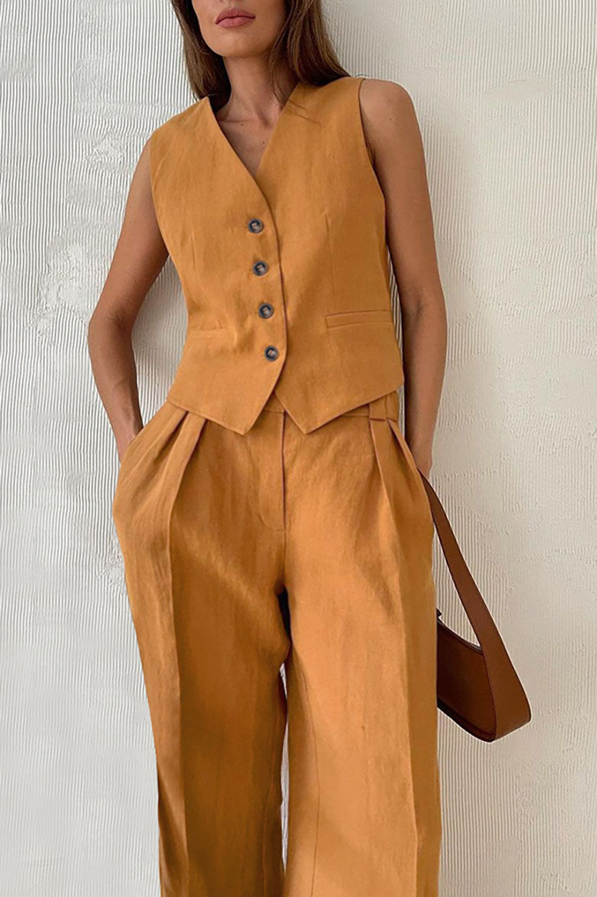 Solid Color V-neck Cotton Linen Vest and Pants Set