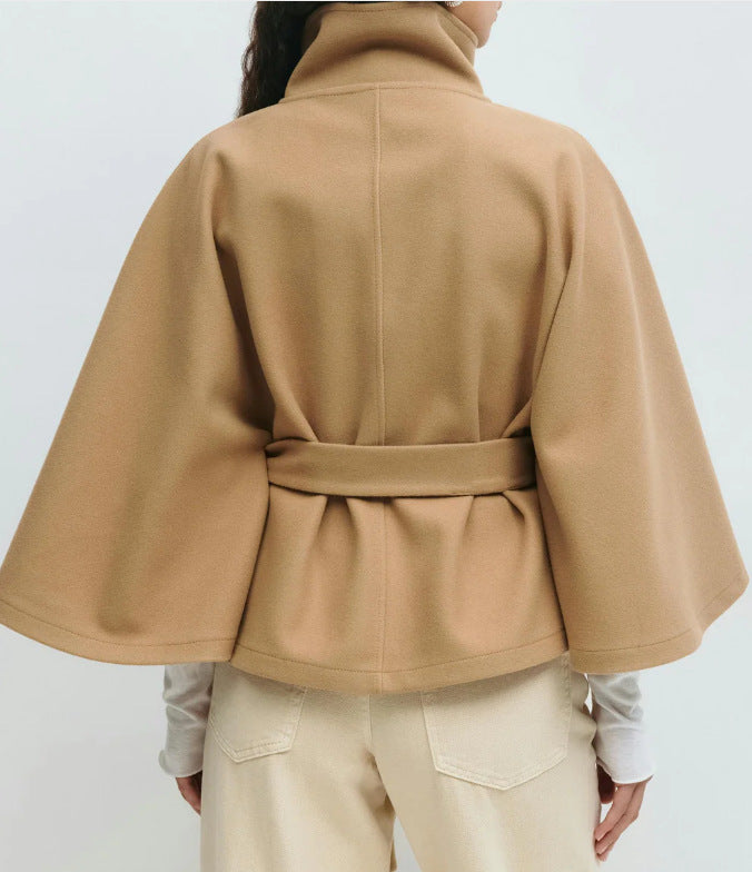 Solid Color Stand Collar Belted Cape Trench Coat for Elegance