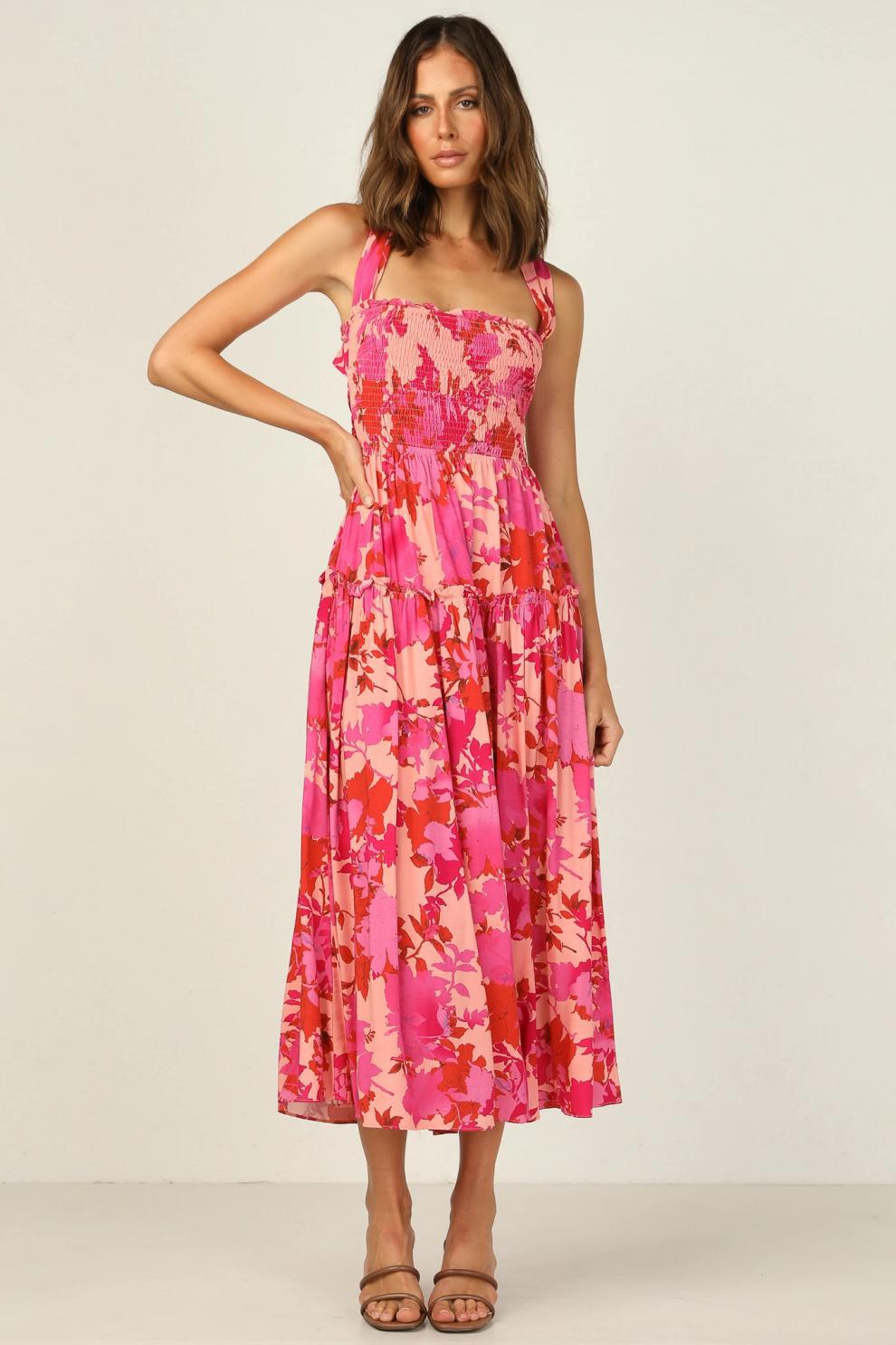 Floral Print Square Neck Smocked Tiered Midi Dress