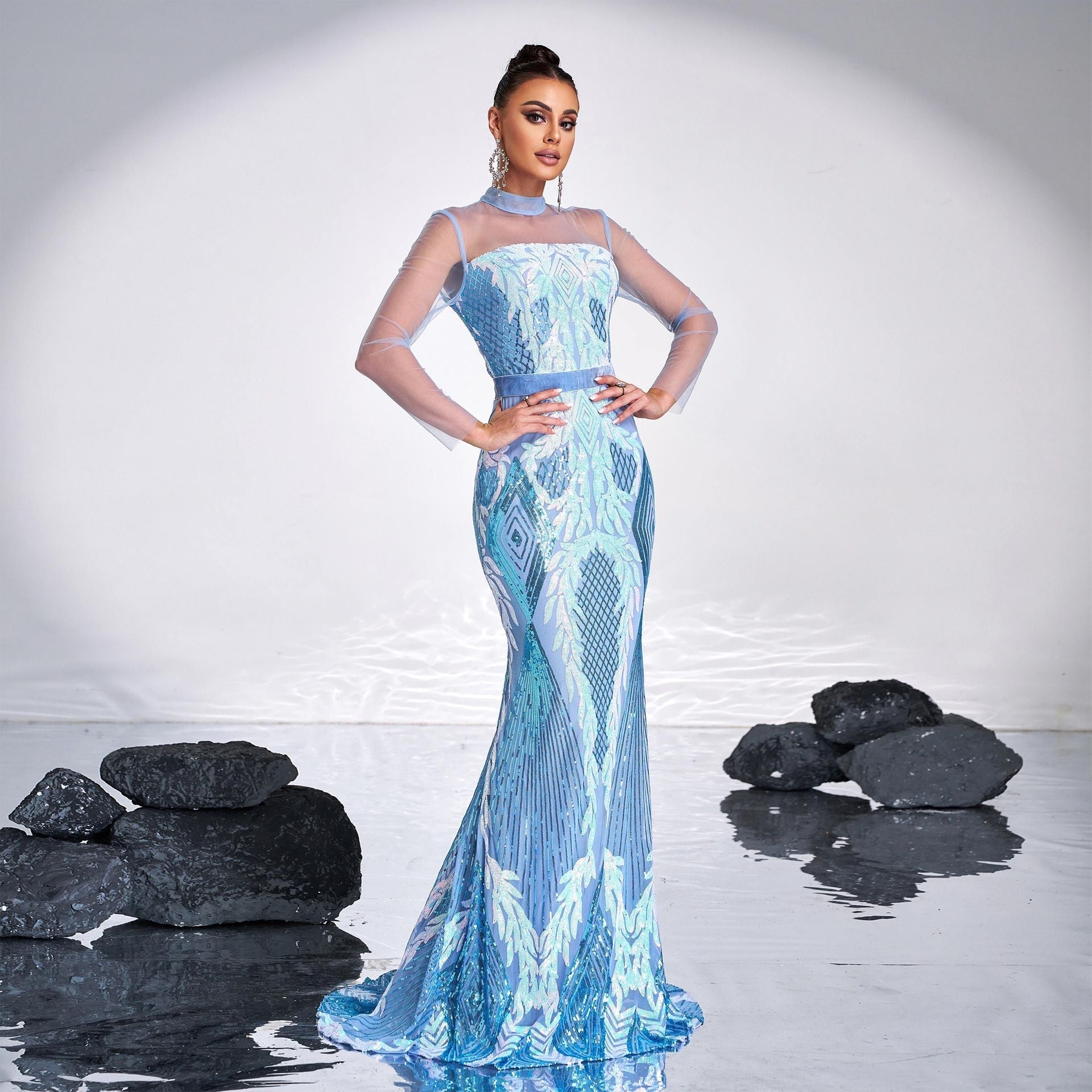 High End Long Sleeve Crew Neck Mesh Sequ Cocktail Long Evening - Fashionpara