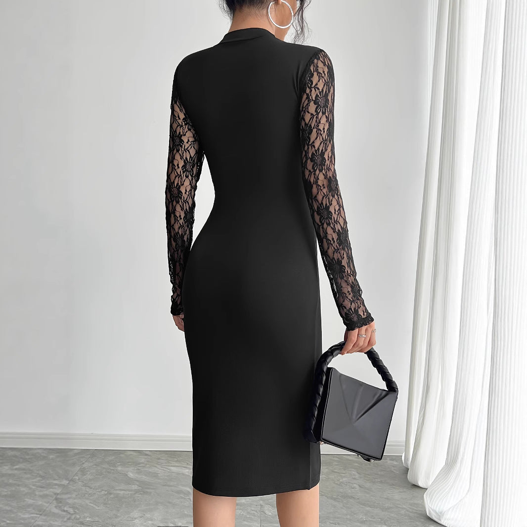 Lace Panel Mock Neck Long Sleeve High Split Bodycon Midi Dress - View 2