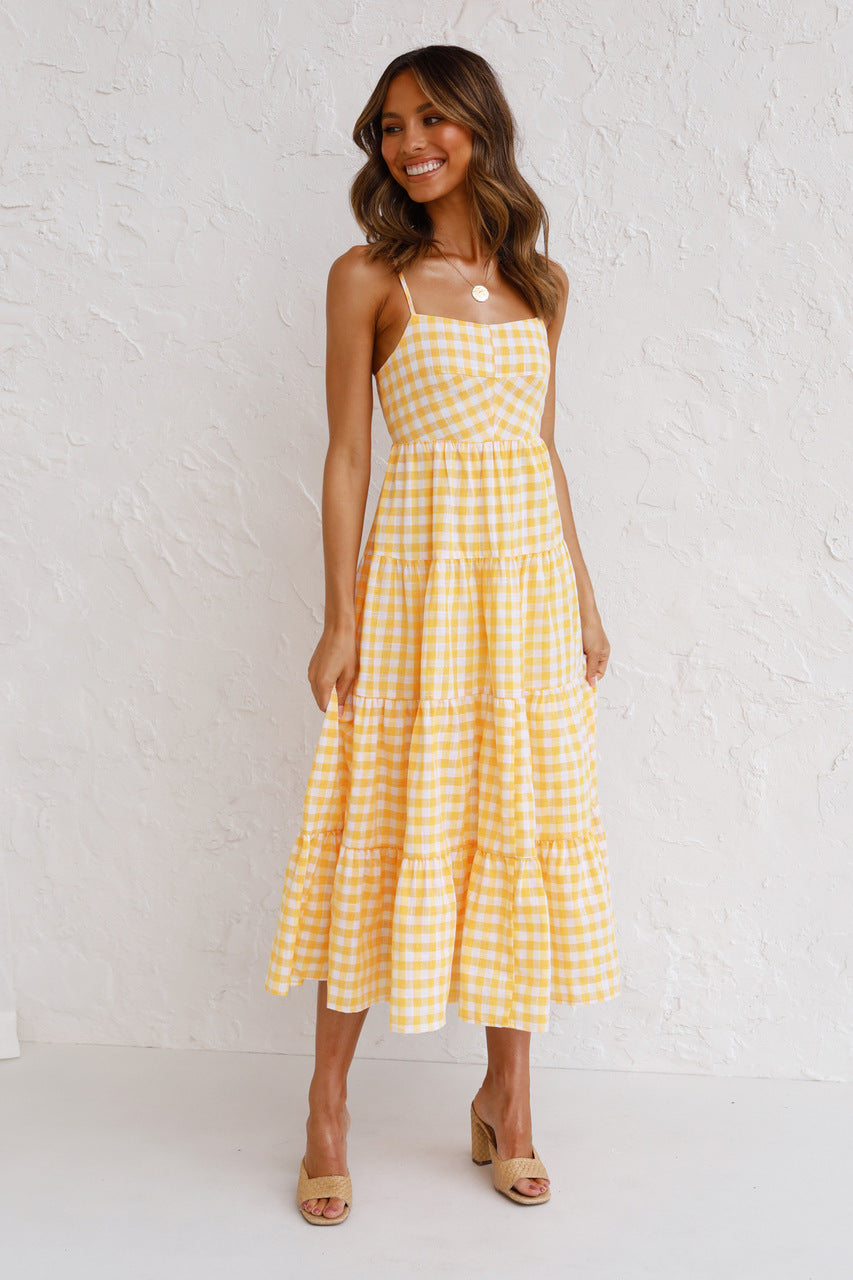Gingham Square Neck Strappy Tiered Midi Dress