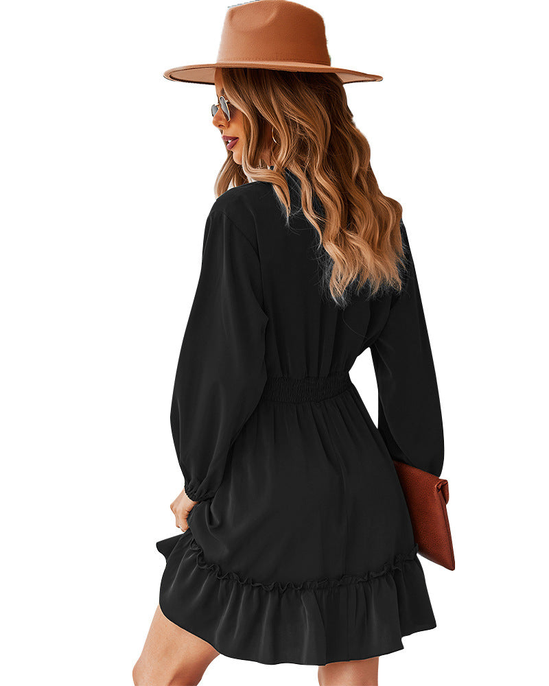 Chiffon Tie Neck Long Sleeve Ruffle Hem Mini Dress
