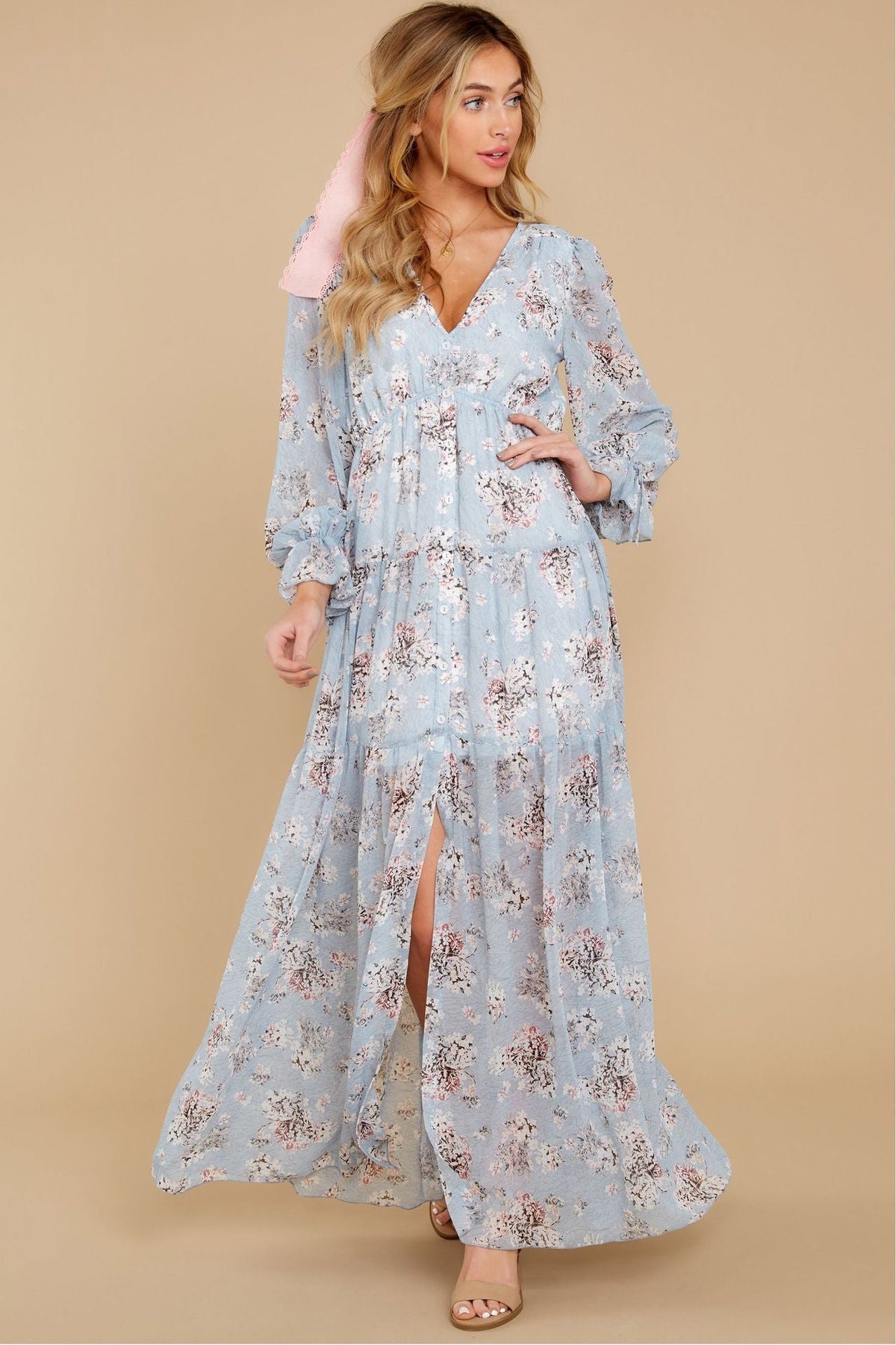 Floral Print V-Neck Long Sleeve Button Front Maxi Dress
