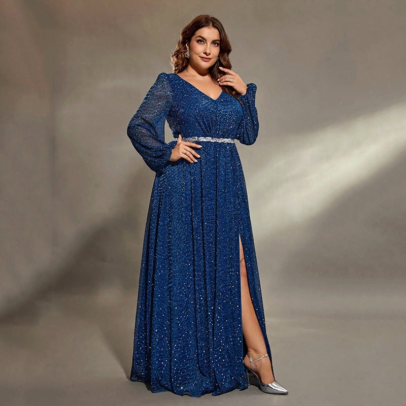 Glitter Bishop Sleeve V-Neck Rhinestone Belt High Split Maxi Gown - View 2