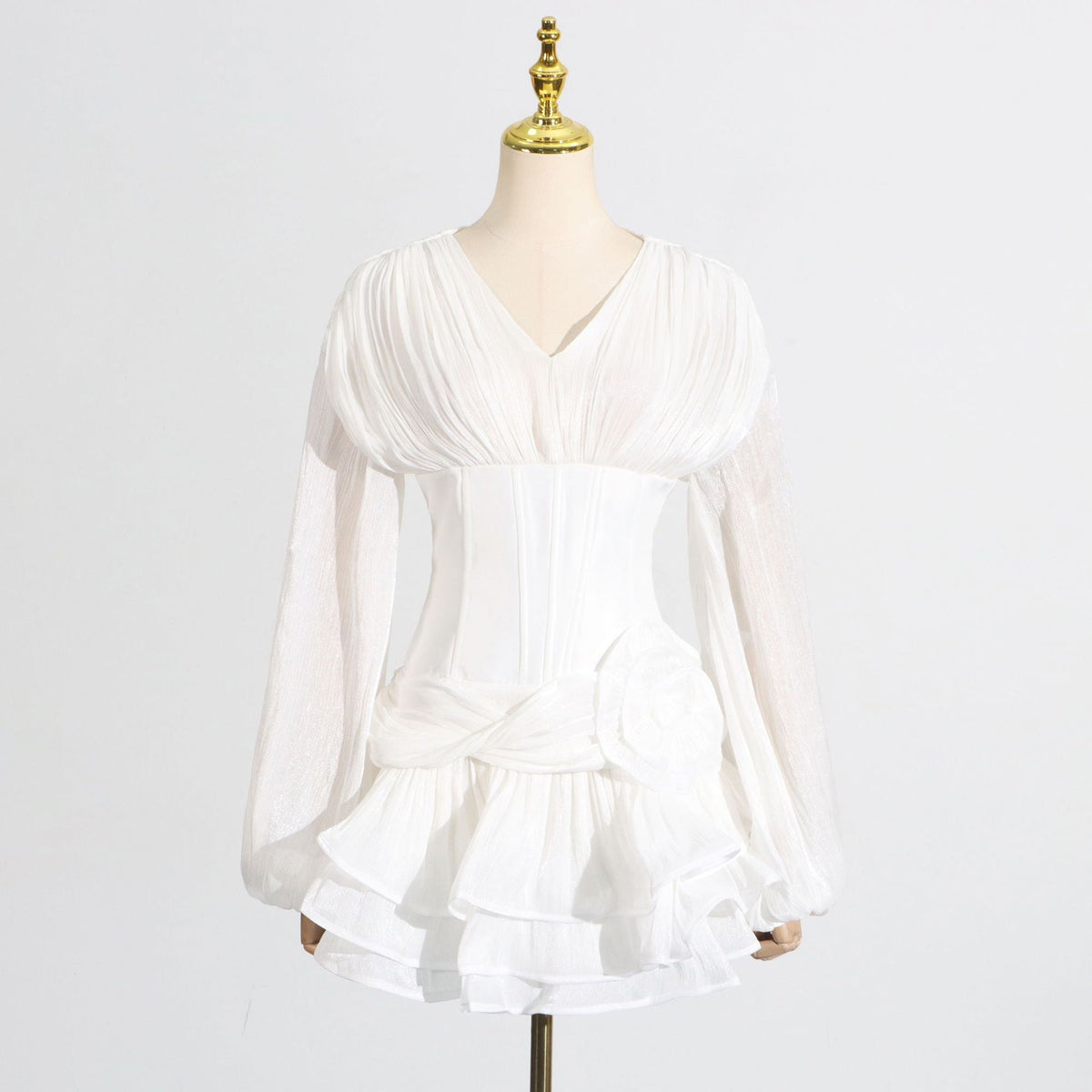 Chiffon Long Sleeve V-Neck Corset Tiered Mini Dress 2