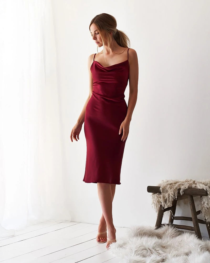 Satin Cowl Neck Spaghetti Strap Slip Midi Dress