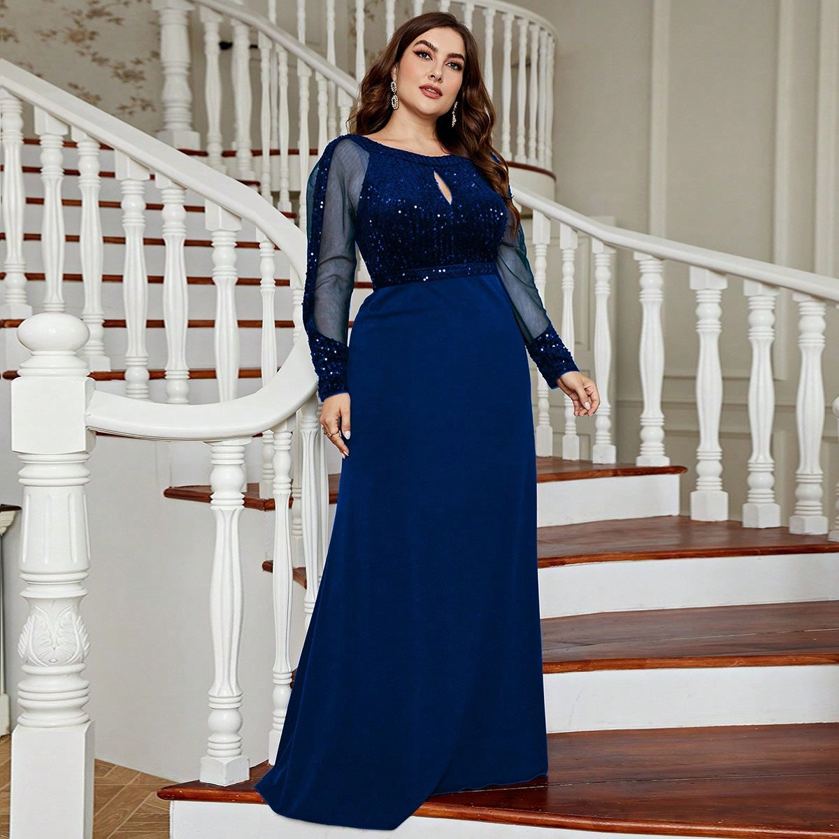 Sequin Round Neck Keyhole Long Sleeve Mesh Maxi Evening Gown
