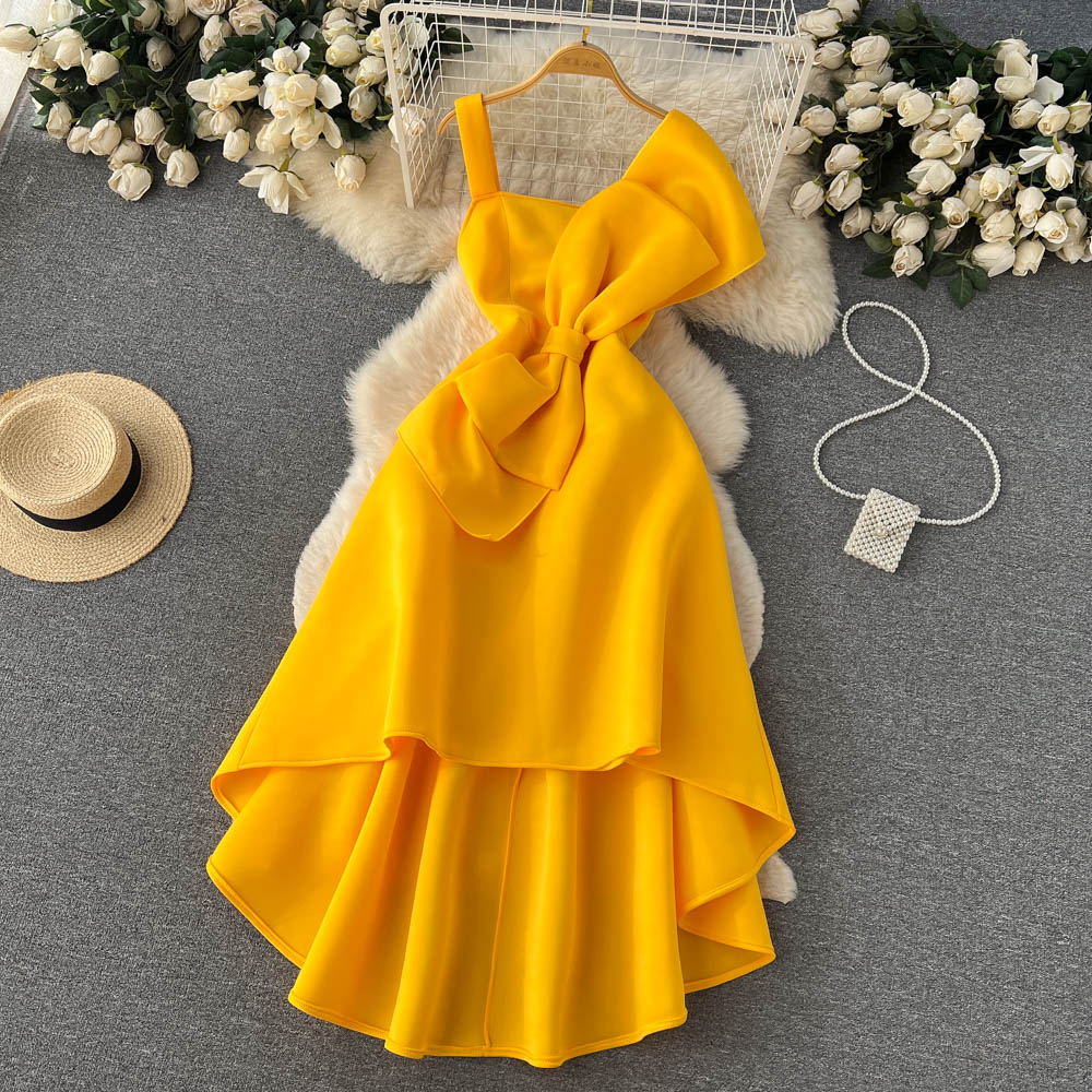 Sexy High Low Spaghetti Straps Bowknot Dress Women Evening Dress