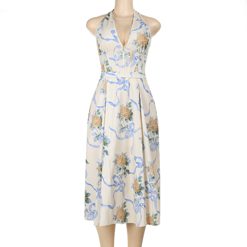 Floral Print Halter Neck Corset Bodice A-Line Midi Dress 6
