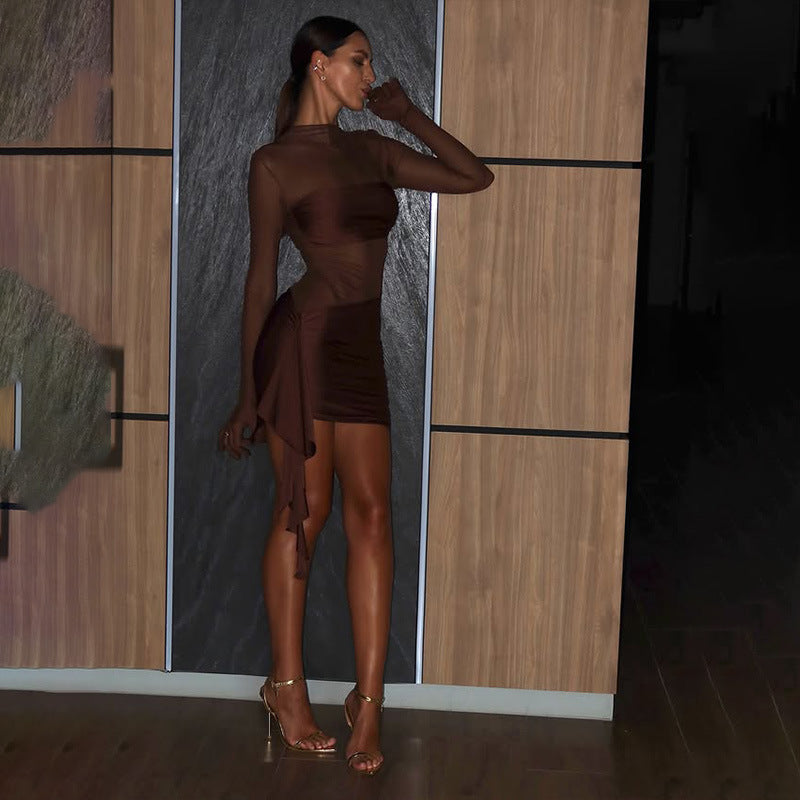 Mesh Mock Neck Long Sleeve Side Drape Cut Out Bodycon Mini Dress