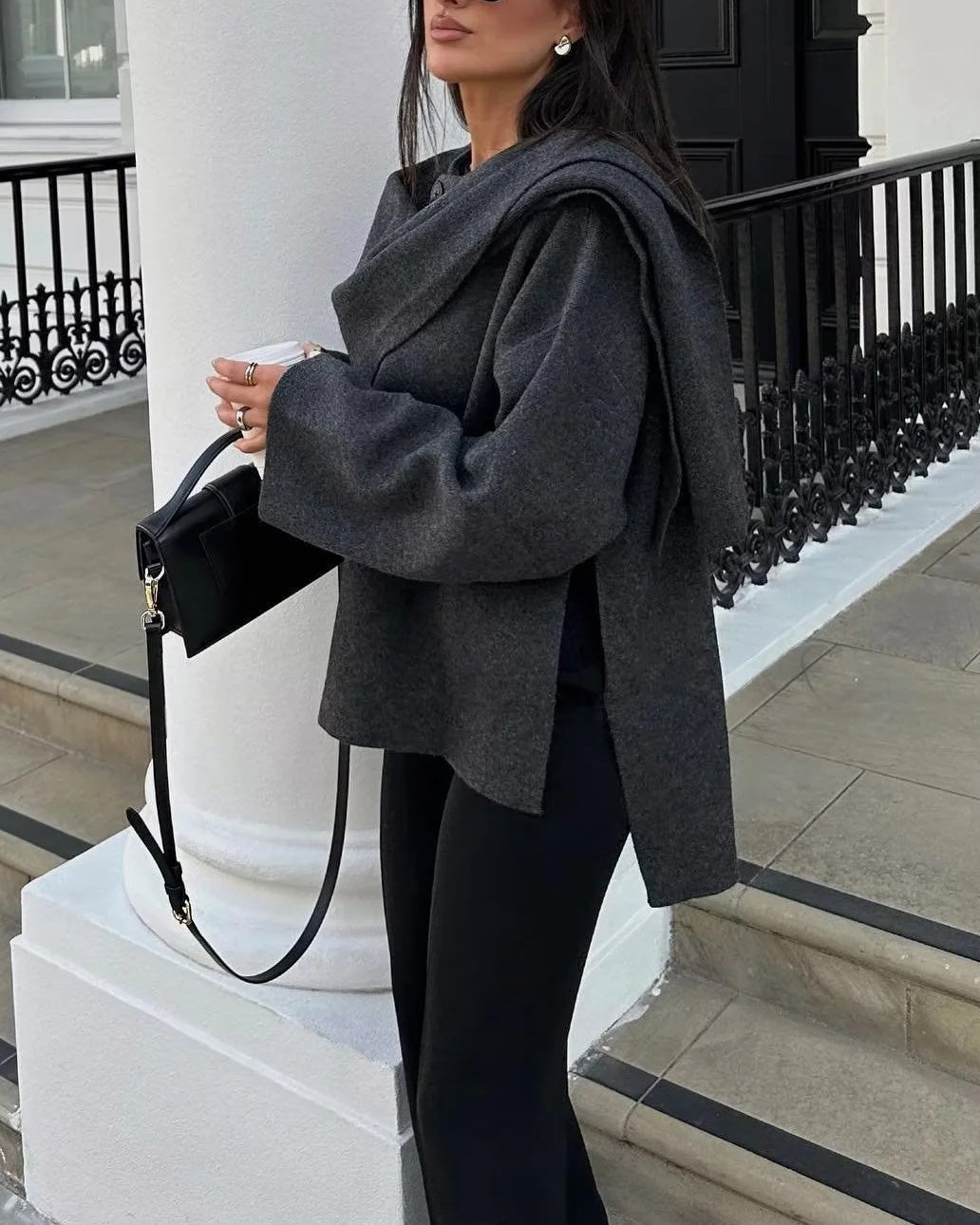 ShoptheCIC Cropped Knitted Jacket with Asymmetric Scarf Detail