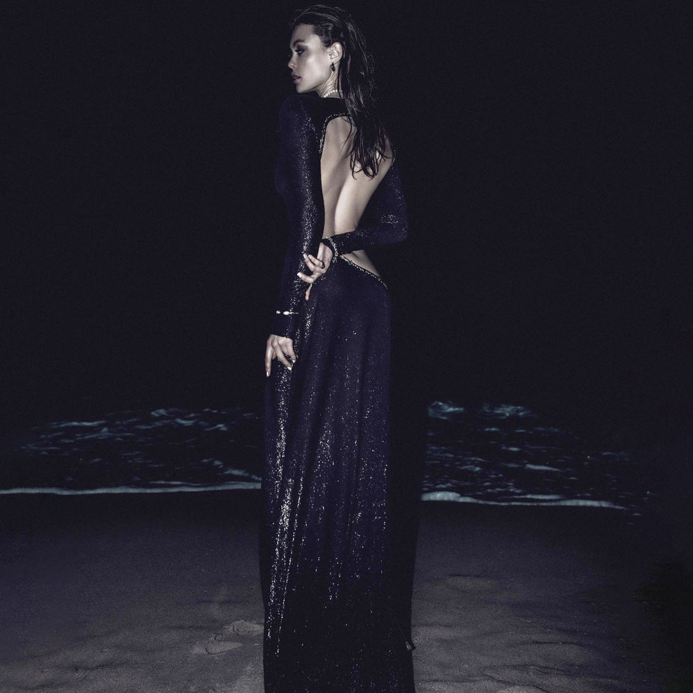 Wear Black Long Sleeve Scorpion Backless Slit Silver Silk Dress - View 4