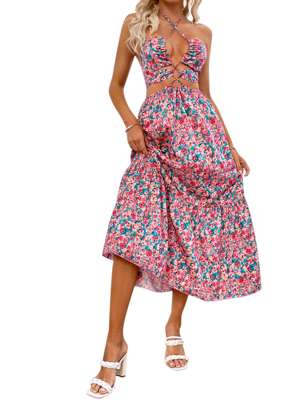 Floral Print Halter Neck Cut Out Tiered Midi Dress