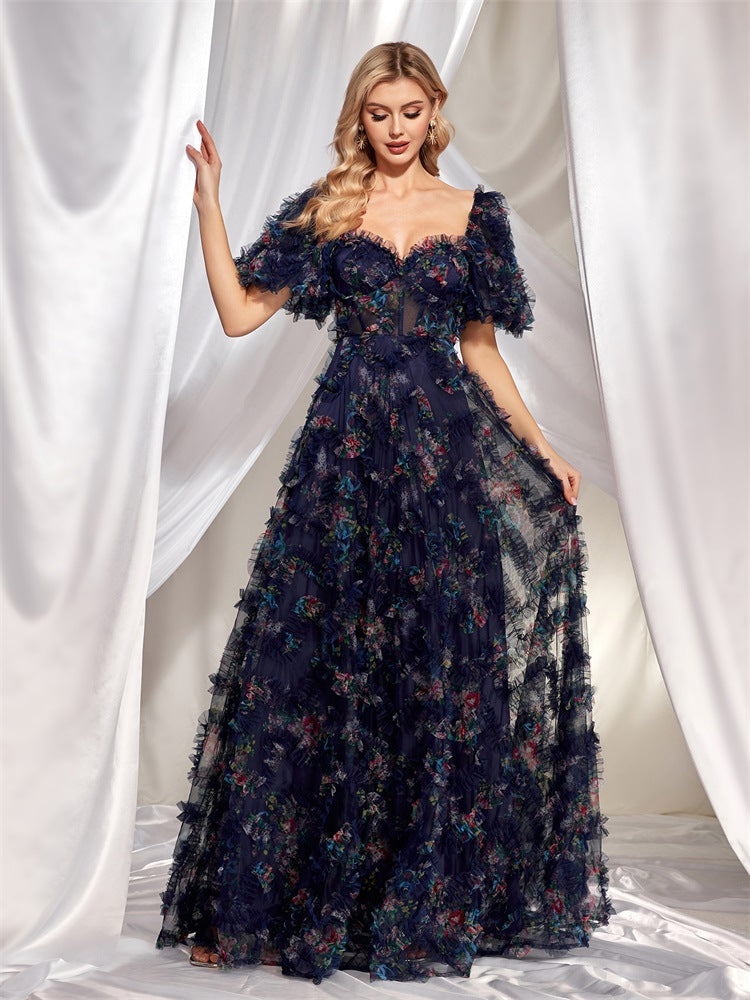 Floral Off Shoulder Puff Sleeve Tiered Tulle A-Line Maxi Gown - View 2