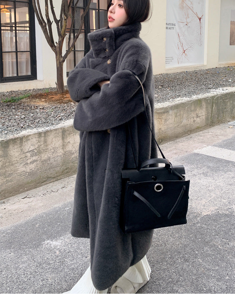 Double-Breasted Faux Mink Fur Long Coat with Stand-Up Collar