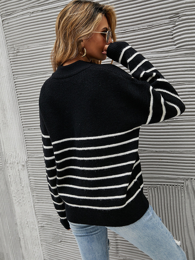 ShoptheCIC Striped Colorblock High Neck Zip Sweater
