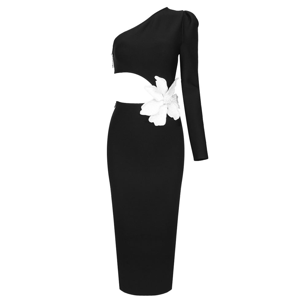 One Shoulder Long Sleeve Cut Out Floral Applique Bodycon Midi Dress - View 5