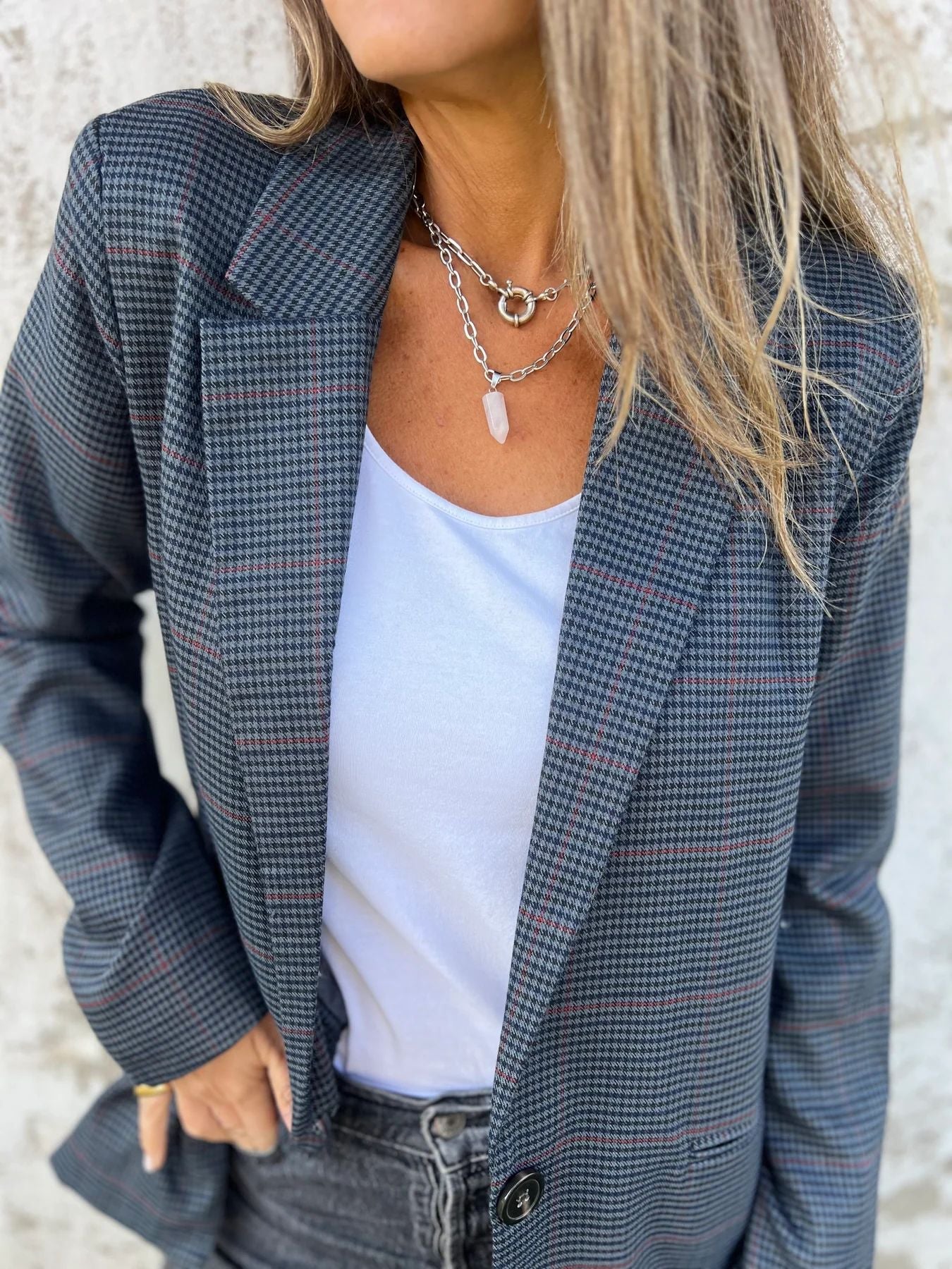 Elegant Houndstooth Single Button Blazer with Pockets