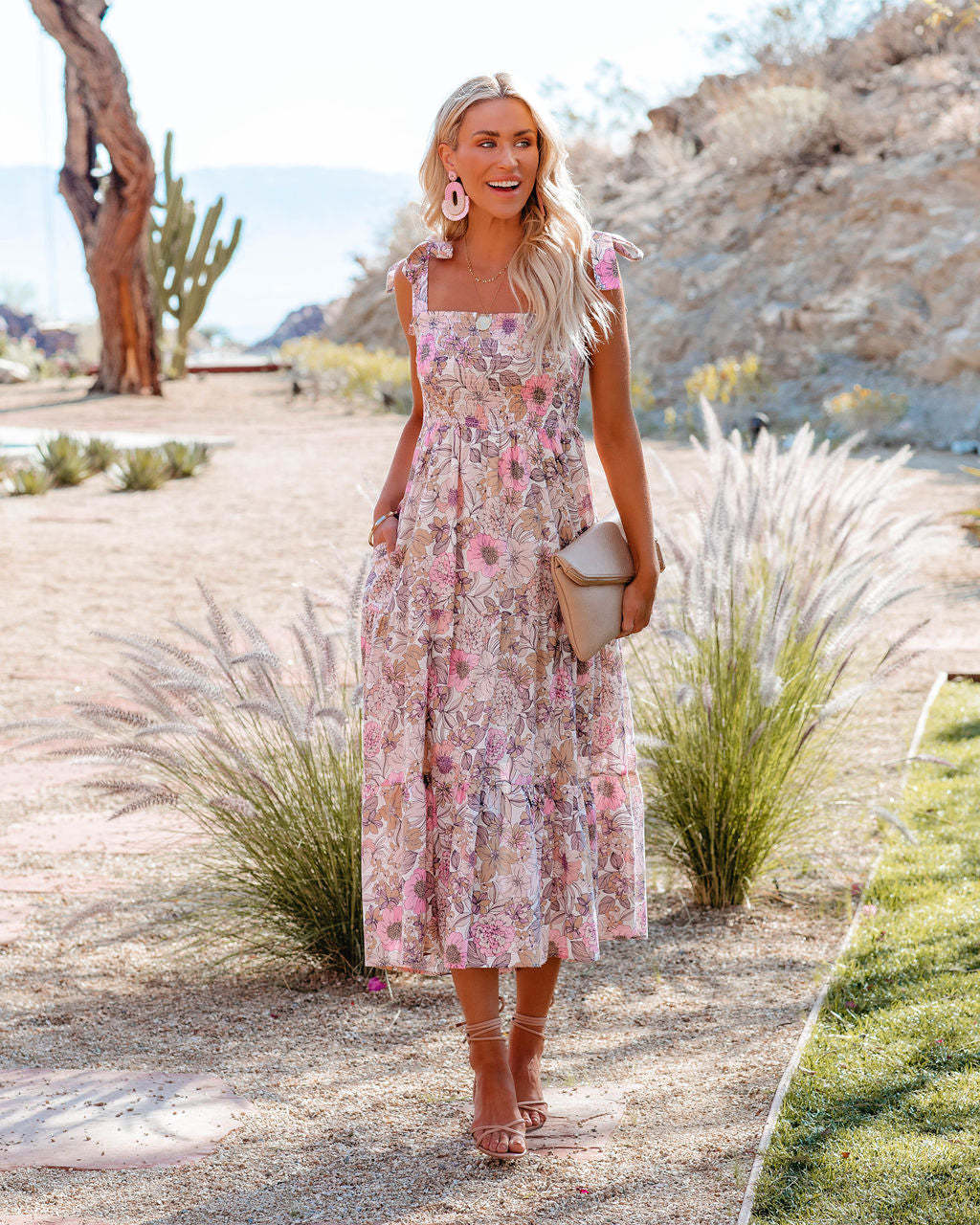 Floral Print Square Neck Smocked Tiered Midi Dress