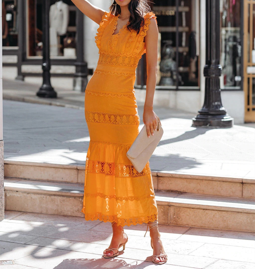 Crochet Lace V-Neck Sleeveless Mermaid Maxi Dress
