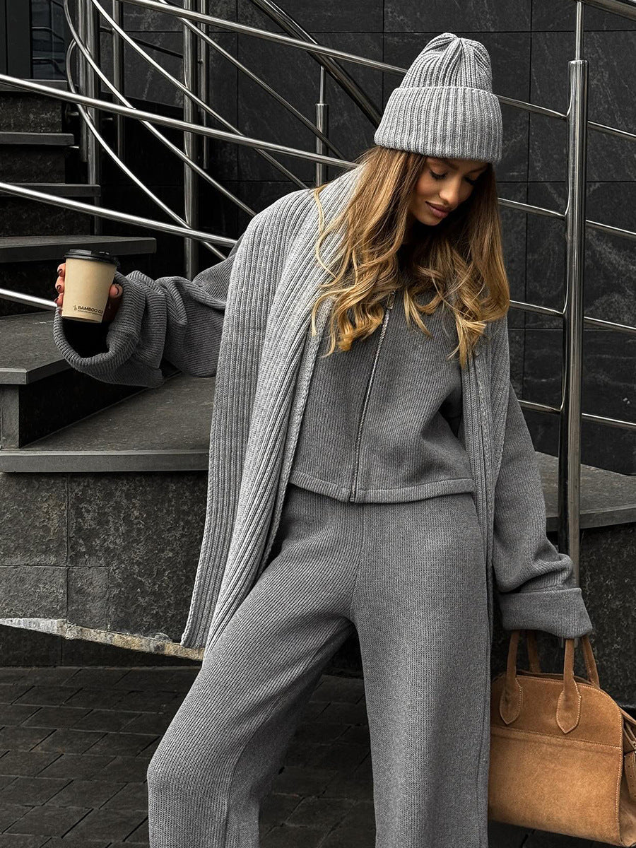 Knitted Long-Sleeve Jacket and Wide-Leg Pants Set for Elegance