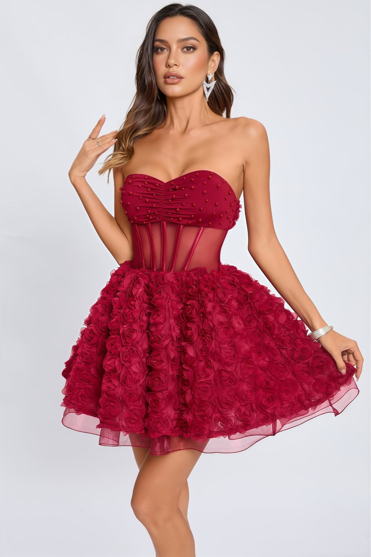 Beaded Strapless Corset 3D Rose Tulle Mini Dress - View 8