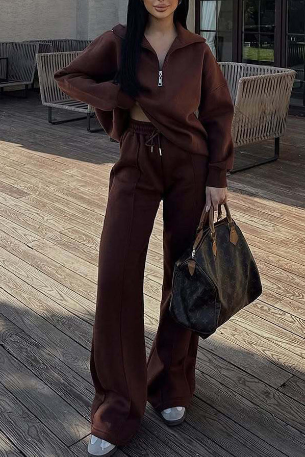 Thrifted Vibes Half-Open Pullover and Pants Set for Comfort