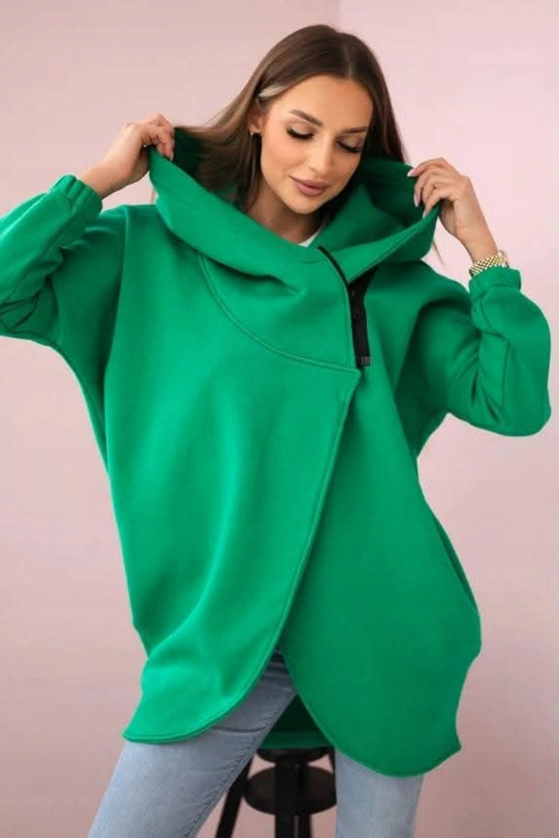 Chic Asymmetric Zip-Up Hooded Fleece Sweatshirt Coat