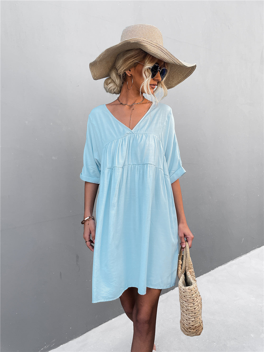 V-Neck Short Sleeve Babydoll Mini Dress