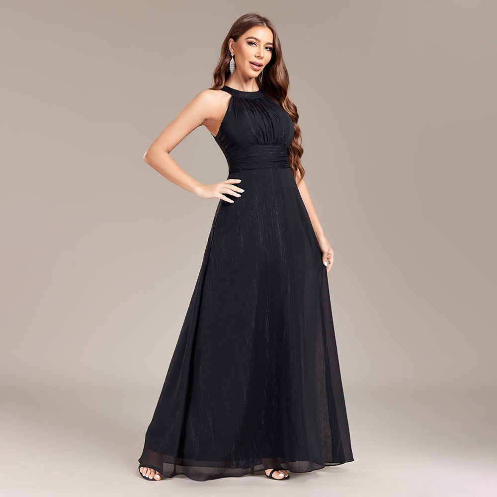 Halter Neck Pleated Waist Chiffon A-Line Maxi Gown - View 5