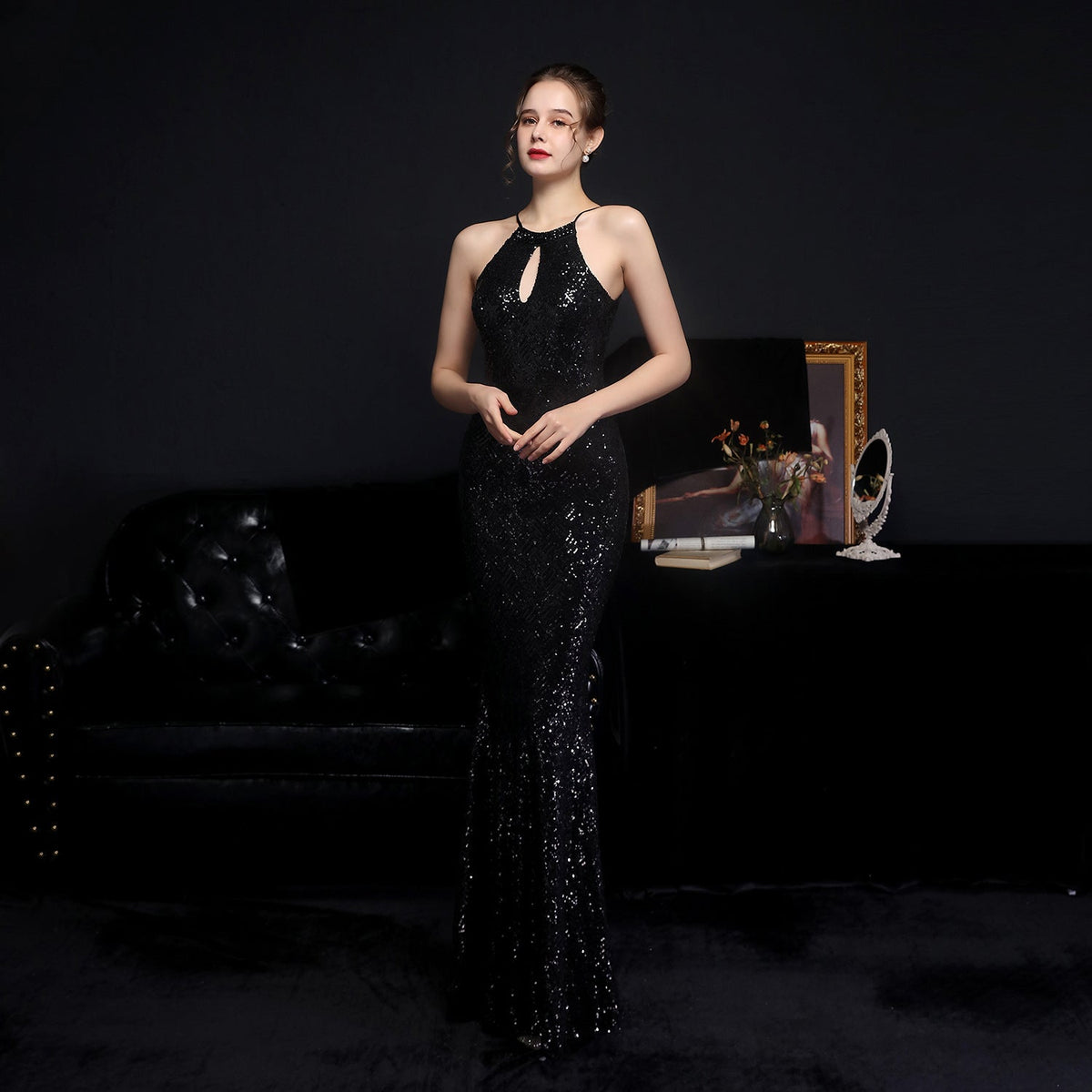 Halter Neck Keyhole Beaded Sequin Mermaid Gown - View 9
