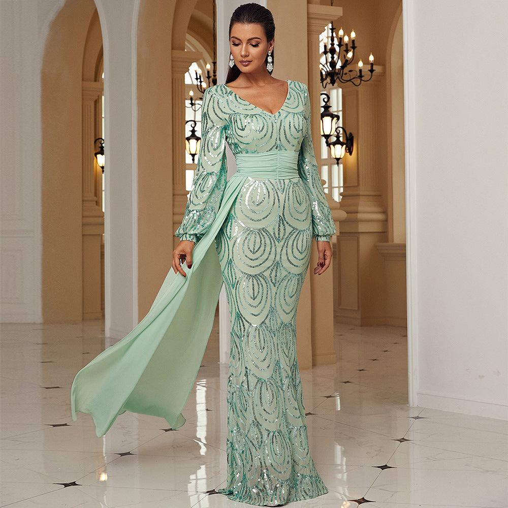 Long Sleeve Long Sequined V neck Cocktail Ribbon Evening Dress Bridesmaid - Fashionpara