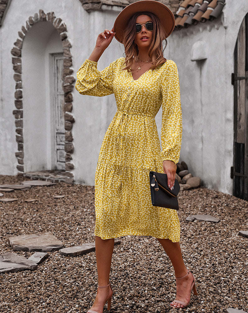 Floral Print V-Neck Long Sleeve Wrap Tiered Midi Dress