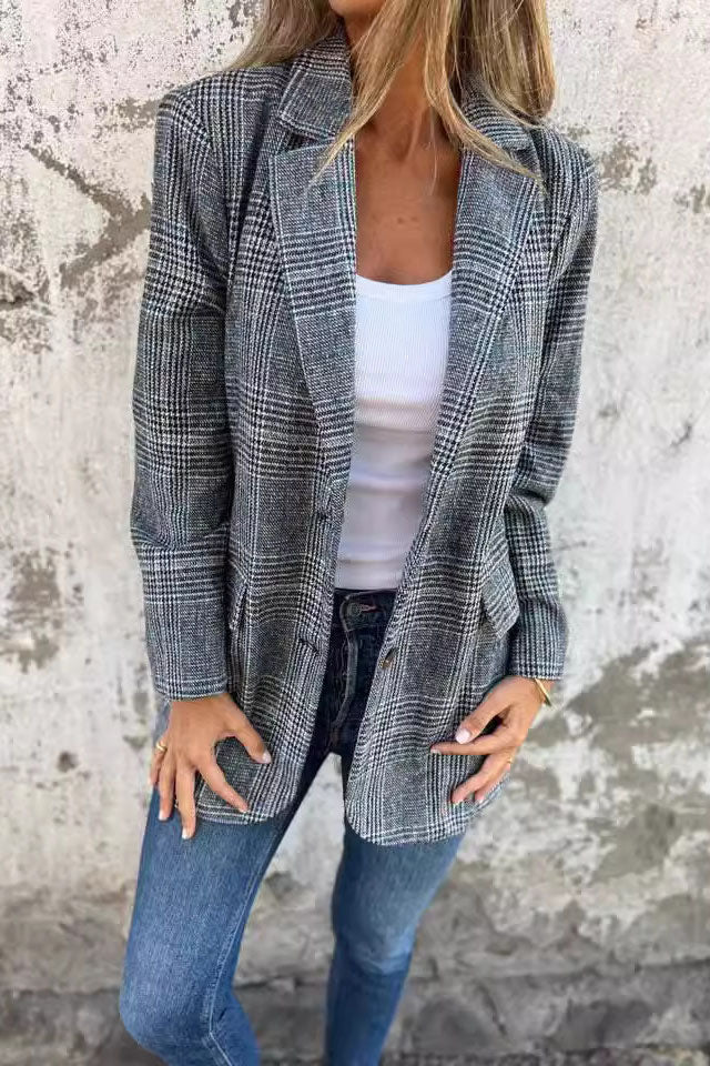 Mid-Length Houndstooth Wool Suit Jacket for Elegant Style