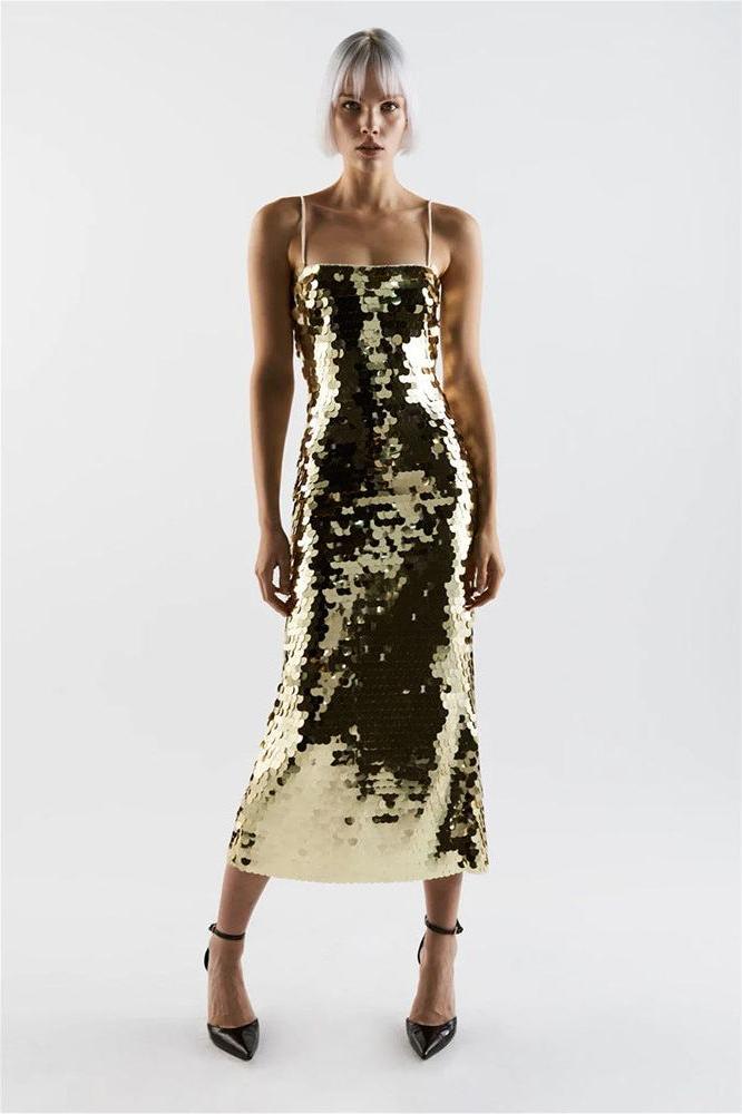Glittering Tube Top Gold Backless Maxi Dress