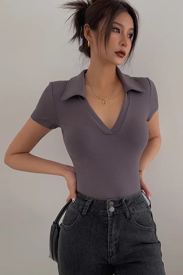 Short Sleeve Wrap V Neck Ribbed Tank Tops