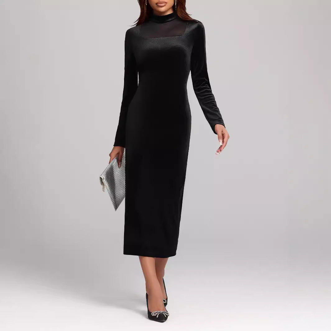 Velvet Mock Neck Mesh Panel Long Sleeve Bodycon Midi Dress