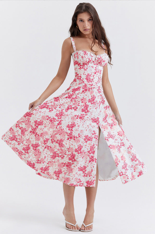 Floral Sweetheart Neck Corset High Split Midi Dress 15