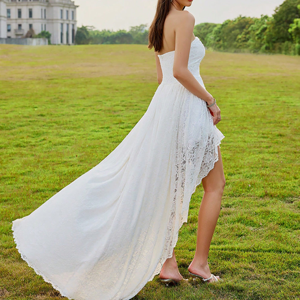 Elegant Casual Dress Tube Top Lace Ruffled Vacation Wedding Dress