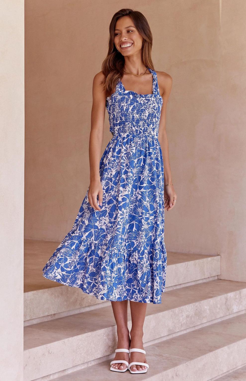 Floral Print Square Neck Smocked Tiered Midi Dress