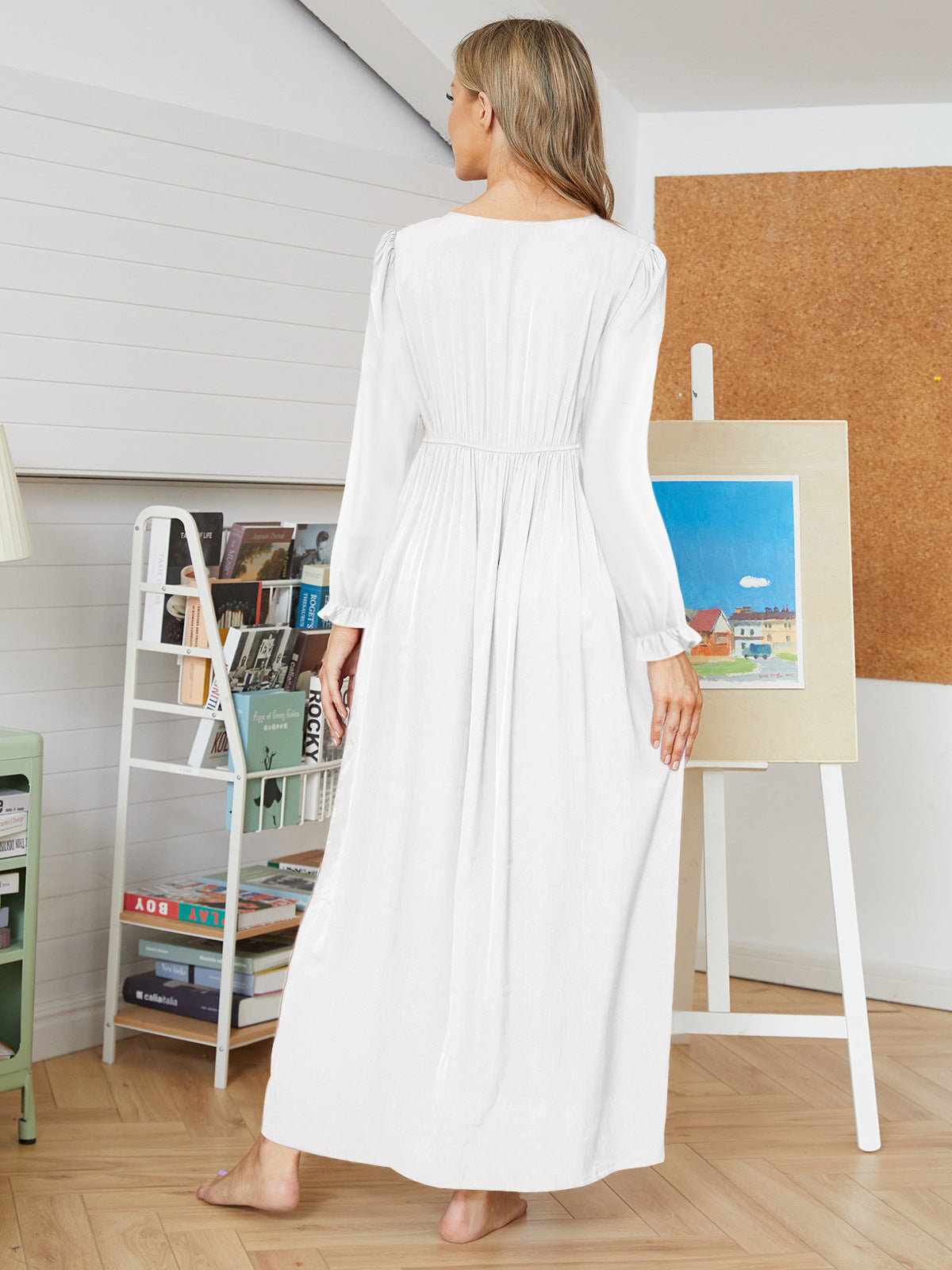 Lace Trim V-Neck Long Sleeve Empire Waist Maxi Dress