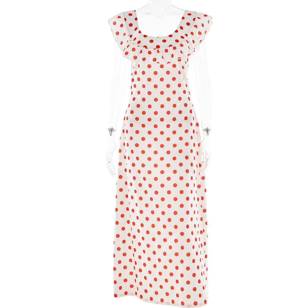 Polka Dot Printed A line Waist Trimming Ruffled Spaghetti Straps Dress - Fashionpara